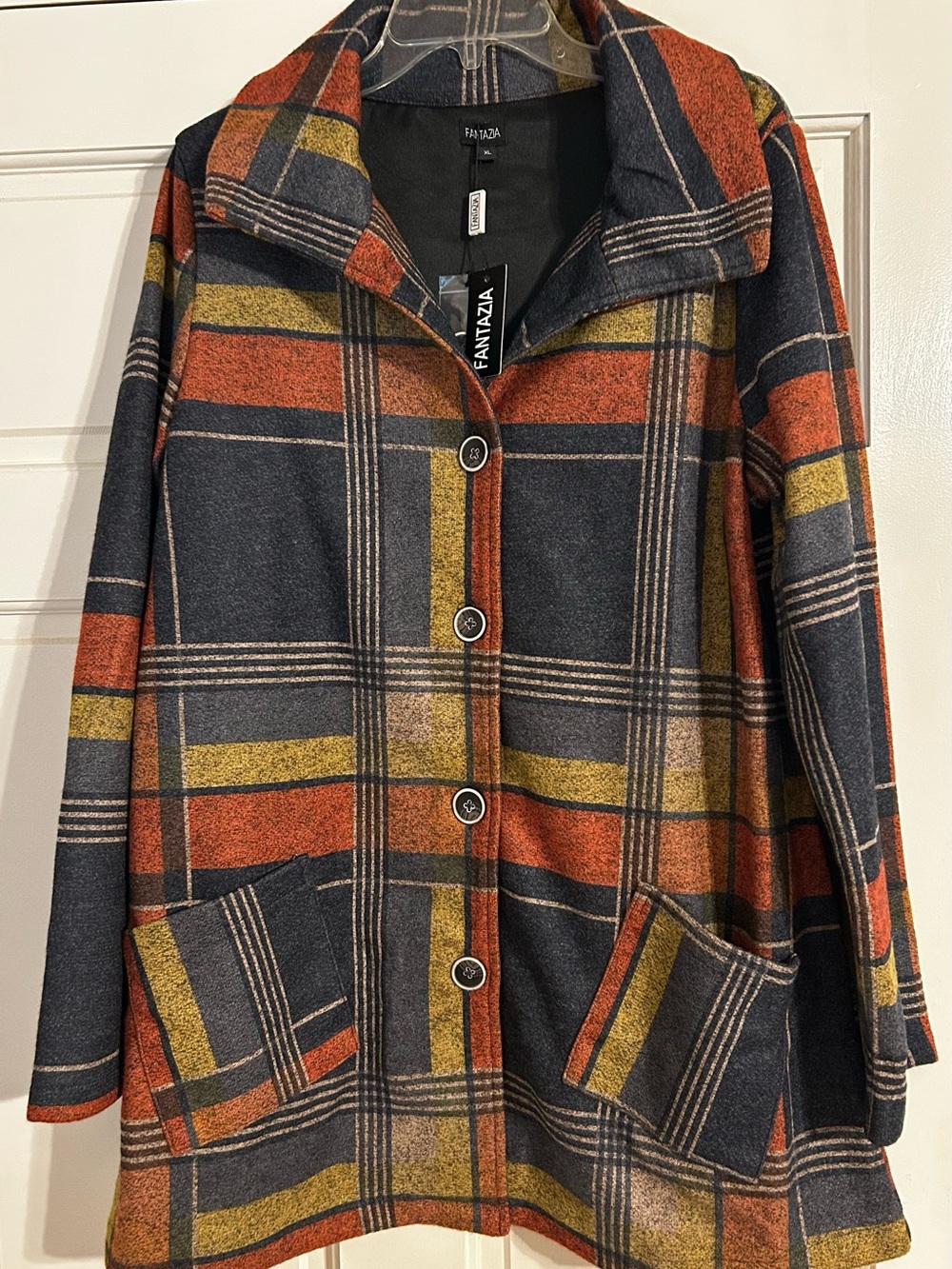 Fantazia NWT Women's Plaid Button-Up Coat Jacket in Navy, Rust & Mustard Fall